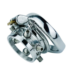 Angled view of stainless steel thorn-spiked chastity cage