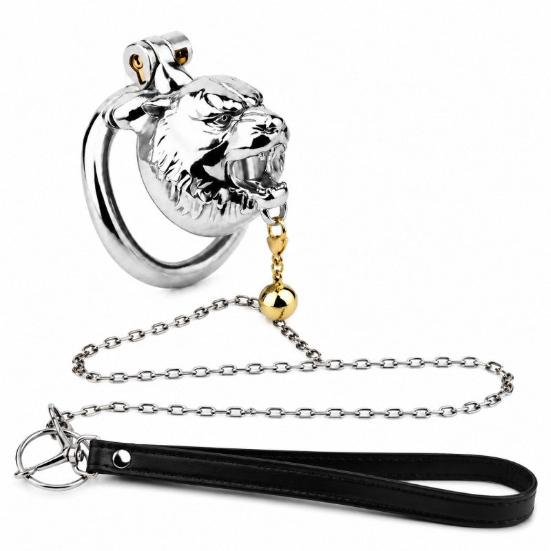 tiger stainless steel chastity cage with bell and black leash