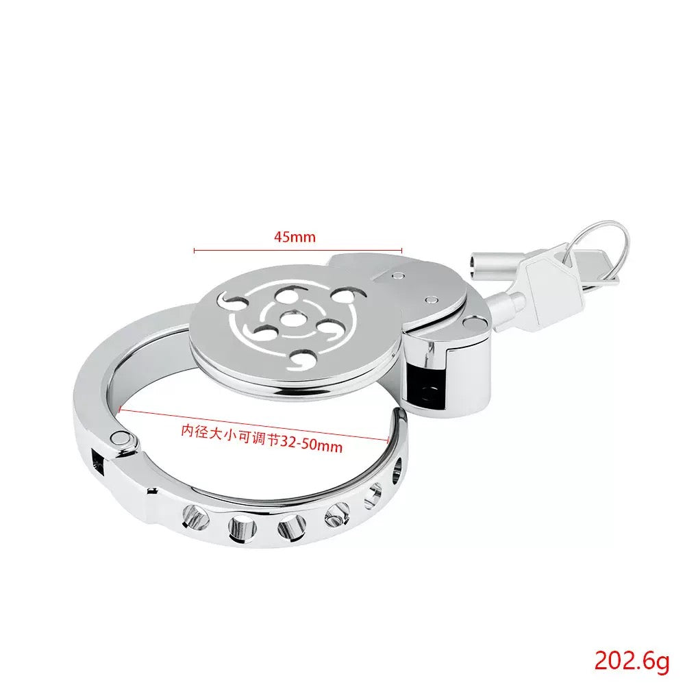 Angled view of Tiny Heart inverted flat stainless steel cage
