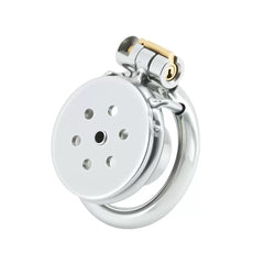 Front view of ventilated flat plate chastity cage LKM-044