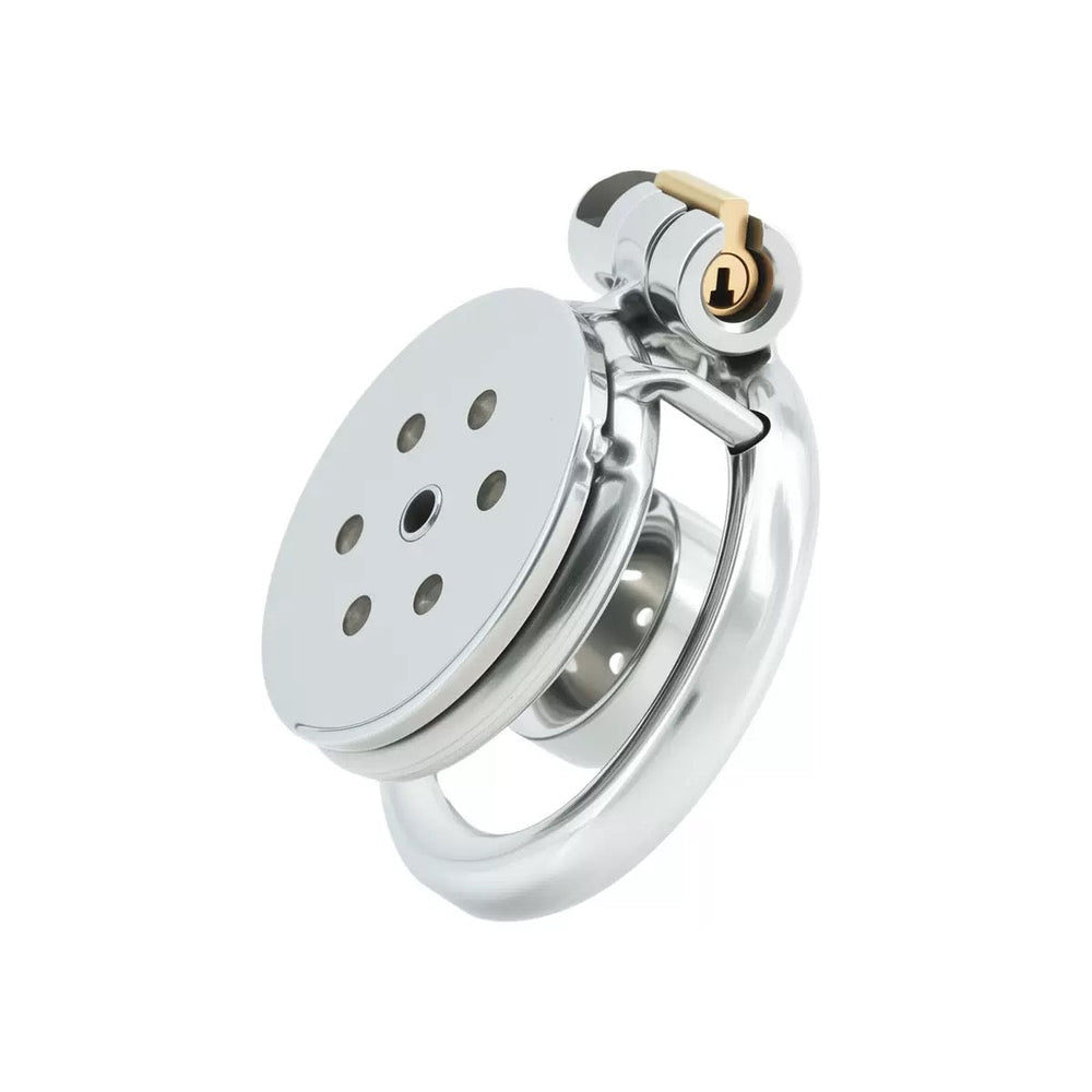 Ventilated flat plate stainless steel chastity cage LKM-044 angled view
