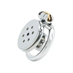 Ventilated flat plate stainless steel chastity cage LKM-044 angled view
