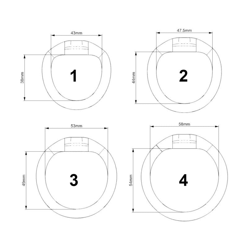 Four numbered ring sizes from 43 to 58 mm