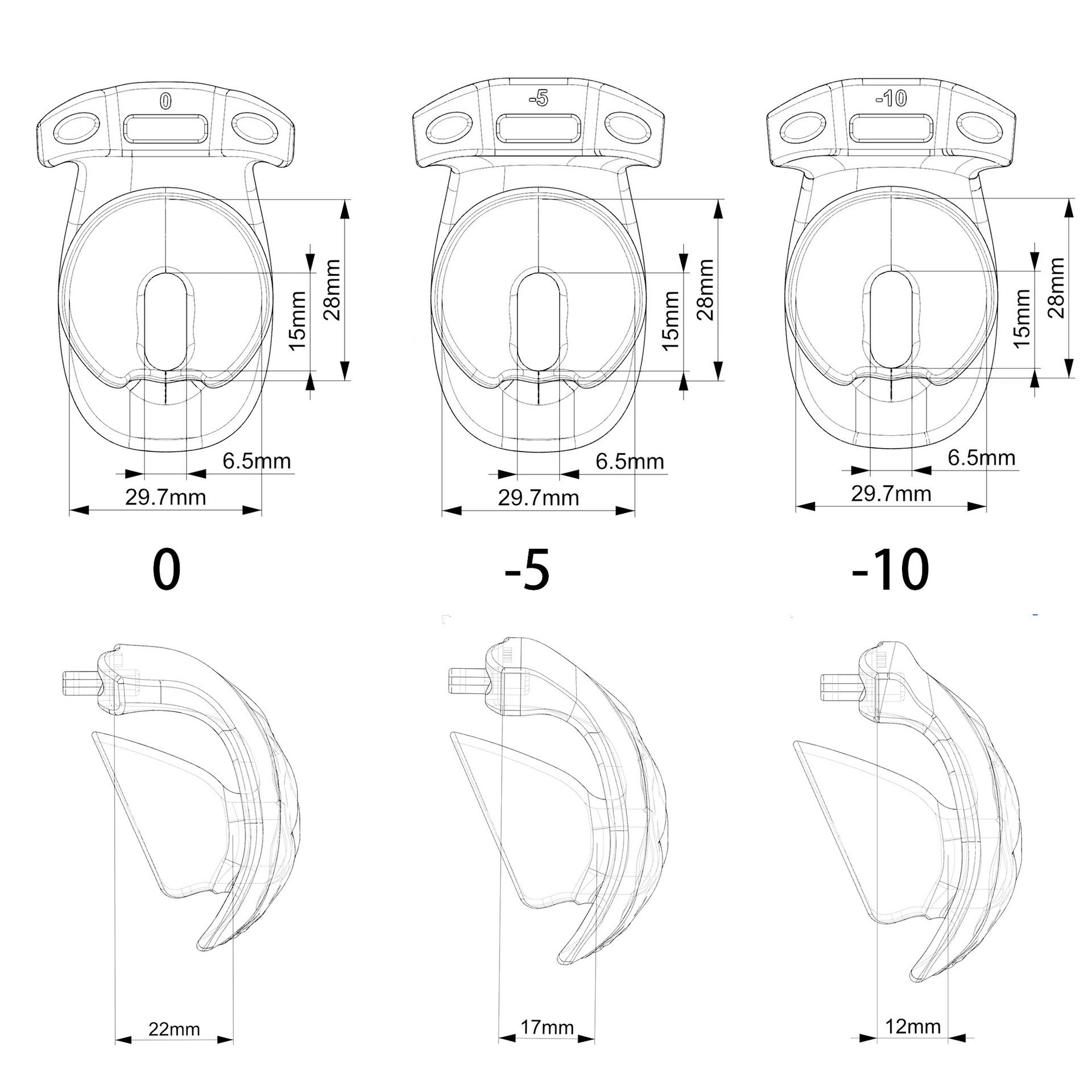 Vulva flat cage dimensions for 0, -5 and -10 profiles