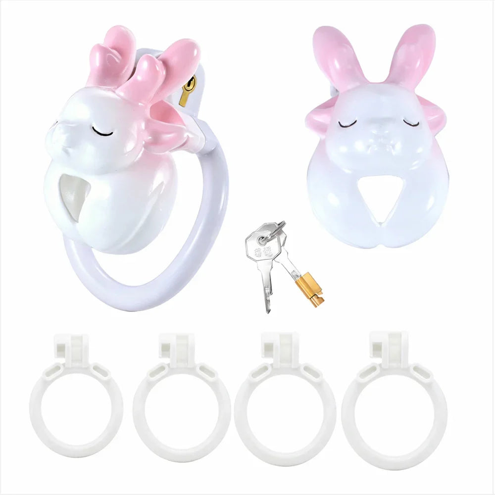 White deer chastity cage package with rings, lock and keys