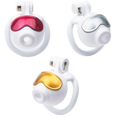 White octopus goggle ABS chastity cages with red, silver and gold fronts