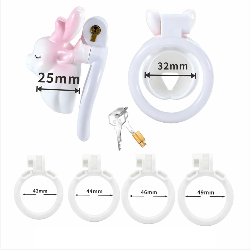 White and pink deer chastity cage with four base rings and keys