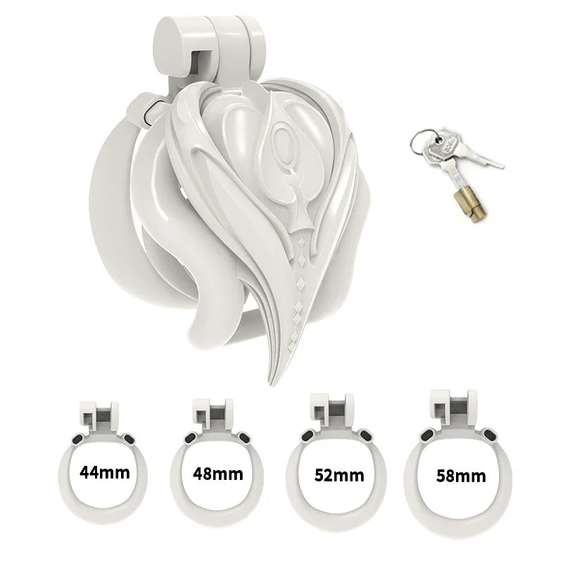 White shield chastity cage with four rings, lock and keys