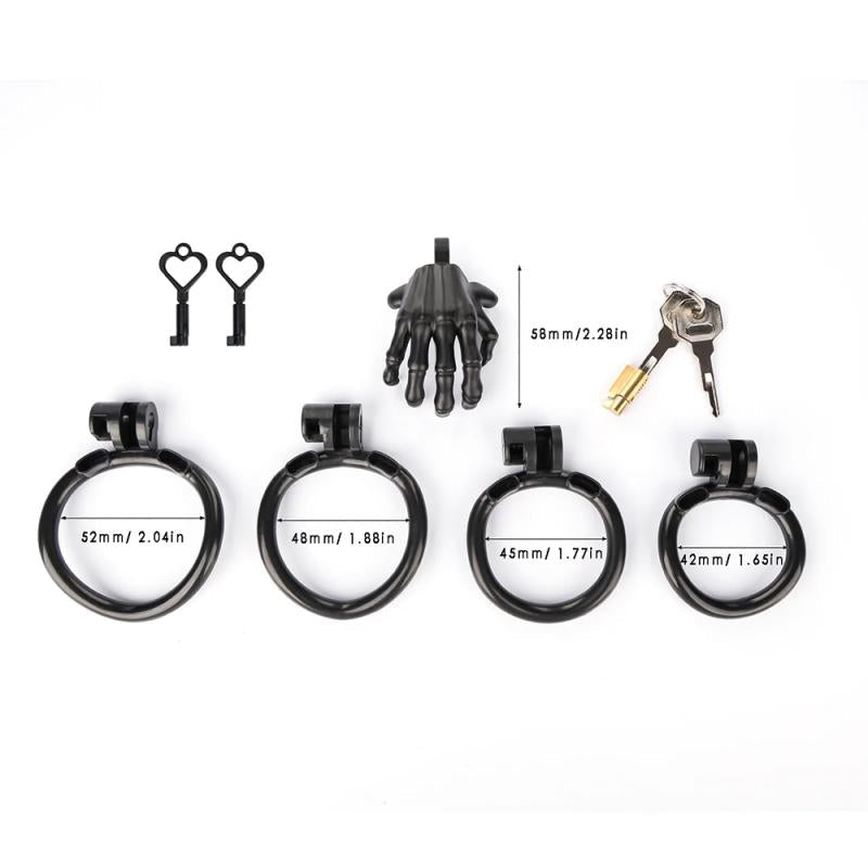 White skeleton-hand resin chastity cage with four base rings
